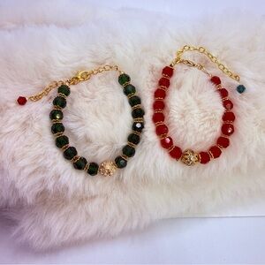 **SOLD** Artisan Green & Red Beaded Bracelet Set with Gold Tone Accents